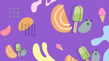 Yaz temalı grafikleri olan yeşil buzlu şekerler ve mor arka planda eğlenceli elementler. Tatlı markalaşması ve yaz görselleri için ideal..