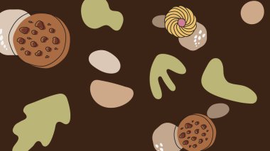 Çiçek şekilli kurabiyeler, waffle ve tereyağlı bisküviler ile kırmızı arka plan soyut şeker damlaları arasında ve dinamik bir düzen içinde çikolata tarzı aksanlar.