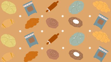 Ilık bej yemek temalı arka plan fırınlar, ekmek ruloları, tarçınlı çörekler ve mutfak içeriği oluşturma için pişirme araçları.