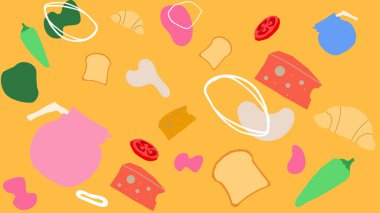 Peynir, tost, kruvasan, sebze ve soyut kahvaltı öğeleriyle dolu parlak sarı-turuncu bir düzen..