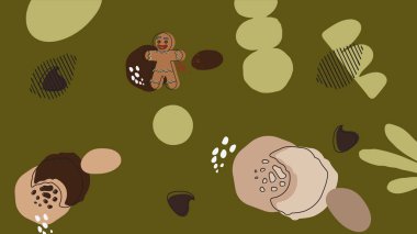 Zeytin yeşili bir zemin üzerinde zencefilli kurabiye ve çikolatalı bisküvilerin tuhaf bir şekilde resmedilmiş ve soyut tatlı şekilleri ve kırıntıları etrafa saçılmış..