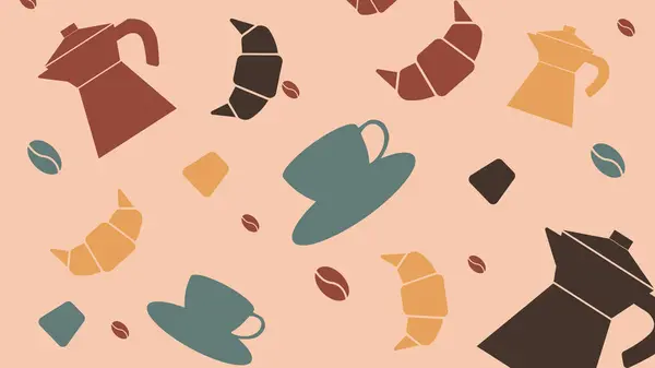 Tekrarlanan espresso bardakları, kruvasanlar, moka kapları ve yumuşak bej arkaplanda fasulye ikonları. Kahvaltının görsel ve kahveci içeriğine uyuyor.