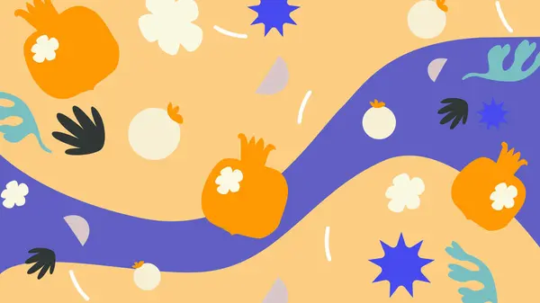 Dinamik narlar, meyve küreleri, yapraklar ve şeftali ve menekşe akışındaki kalın şekiller. Zengin ve eğlenceli bir meyve tasarımı..