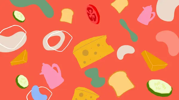 Geniş peynir kamaları, dilimlenmiş ekmek ve dağınık şekilli domatesler ve mutfak elementleri içeren eğlenceli kırmızı arka plan..