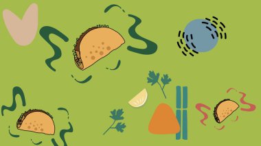 Soğan halkaları ve açık sarı-portakallı karalama elementleriyle nefis taco yarıları. Sokak yemekleri reklamları ve günlük yemek tasarımları için harika..