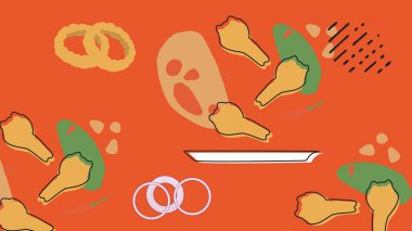 Çıtır nugget, patates kızartması, ekmek ve soslar mor bir zemin üzerinde soyut unsurlarla birlikte. Çocuk menüleri ve yiyecek paketleme görselleri için ideal.