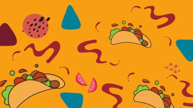 Marul, yaprak ve sarı arka planda sanatsal sembollerle çizilmiş tacolar. Organik gıda görselleri ve restoran markaları için ideal..