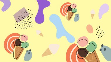 Çizgi film vanilyalı çikolatalı dondurma külahları açık mor üzerinde kalın şekilli. Tatlı ikram temaları ve çocuk tasarımları için mükemmel..