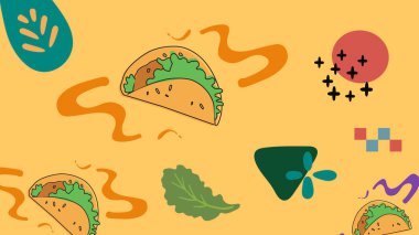 Domates dilimli taze tacolar ve koyu turuncu arka planda renkli soyut şekiller. Meksika mutfağı reklamları ve gıda ürünleri için mükemmel..