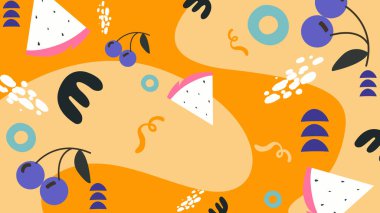 Yaban mersinli parlak turuncu düzen, karpuz dilimleri, halkalar ve soyut elementler. Enerjik görseller için harika canlı bir meyve bileşimi..