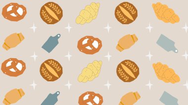 Hafif mutfak temalı kraker, ekmek, tahta kesme ve kruvasanlardan oluşan ışıltılı aksanlı bir tasarım..