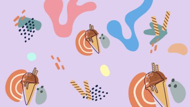 Yumuşak mor üzerine renkli soyut şekiller çizilmiş el yapımı çikolatalı dondurma külahları. Tatlı markalaşması, neşeli ambalajlar ve çocuk tasarımları için ideal..