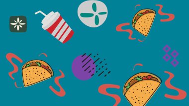 Taco 'lar, çizgili soda bardakları ve deniz mavisi arkaplanındaki eğlenceli aksanlar. Bayramlık yemek reklamları ve abur cubur markaları için mükemmel..