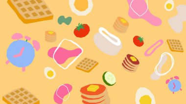 Waffle, gözleme, yumurta, salatalık ve sabahın neşeli bir kompozisyonuna dağılmış çalar saatli parlak sarı kahvaltı sahnesi..