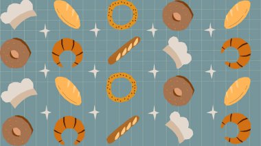 Aşçı şapkaları, kruvasanlar, baget ve çeşitli simit içeren mavi ızgara düzeni fırından esinlenilmiş, profesyonel yemek tasarımı..