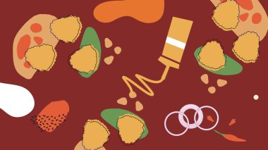 Kızarmış tavuk, patates kızartması ve turuncu arka planda soslar. Atıştırmalık menüler, fast food markaları ve sıradan yemek çizimleri için harika..