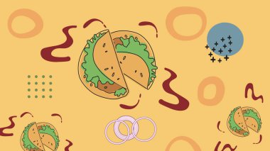 Canlı simgelerle oynanmış tacolar ve turkuaz bir arka planda karalamalar. Sokak yemekleri ve fiesta temalı görseller için mükemmel..