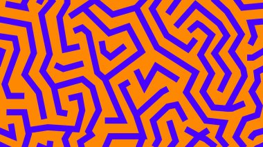 Pürüzsüz turuncu arkaplan üzerinde mor labirent çizgileri olan enerjik tasarım, cesur dijital sanat, gençlik görselleri veya canlı tasarım temaları için mükemmel..
