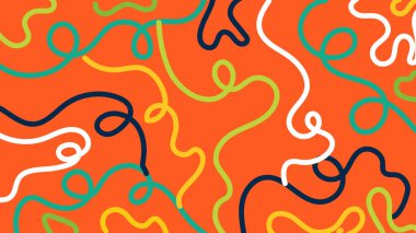 Sarının üzerinde beyaz, kırmızı, yeşil, deniz mavisi ve deniz mavisi şeklinde kıvrımlı çizgiler bulunan enerjik karalamalar. Yaratıcı ve parlak soyut görsel doku.