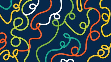 Beyaz, kırmızı, lacivert, sarı, yeşil ve turuncu renkli garip ve soyut karalama tasarımı. Oyuncu tasarım kullanımı için eğlenceli ve modern kompozisyon.