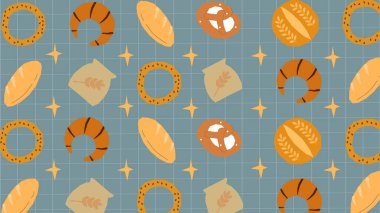 Ekmek, simit, kraker, kruvasan ve yıldızlı buğday torbalarını zanaatkar ekmek ve fırın temaları için gösteren mavi ızgara arka plan.