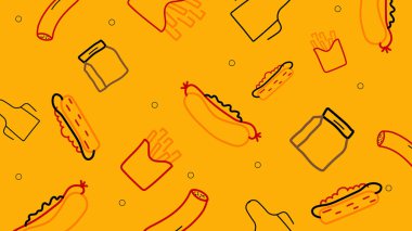 Renkli sosisli sandviç, patates kızartması ve turuncu üzerine kırmızı, sarı ve kahverengi sos kavanozları. Cesur görselleri ve eğlenceli ikonları olan oyuncu fast food konsepti.