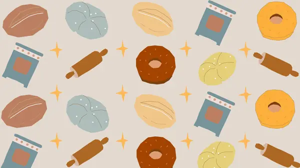 Renkli çöreklerle, oklavalarla, ekmek ve un çuvallarıyla dolu bej bir fırın tezgahı. Yumuşak bir mutfak kompozisyonunda dizilmiş..