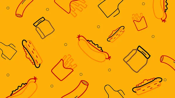 Renkli sosisli sandviç, patates kızartması ve turuncu üzerine kırmızı, sarı ve kahverengi sos kavanozları. Cesur görselleri ve eğlenceli ikonları olan oyuncu fast food konsepti.