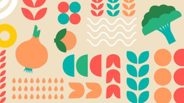 Şekil verilmiş soğan, brokoli ve renkli bitki sembolleriyle bej arkaplan..