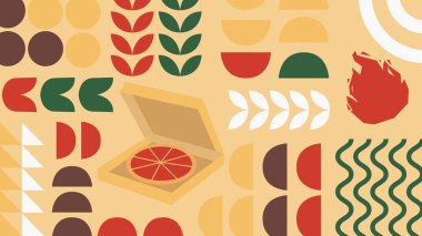 Çeşitli yemek simgeleriyle ve dekoratif şekillerle açık pizza kutusu illüstrasyonu. Paketleme tasarımı, pizza markalaşması ve gıda kavramları için harika..