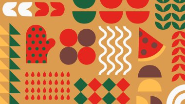 Eldivenli, pizzalı, soyut şekilli ve retro tonlu oyuncu mutfak temalı tasarım. Yemek blogları, tarif görselleri ve eğlenceli mutfak markaları için uygundur..