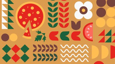 Geometrik bir sanat tarzında domates, ot ve peynir dilimleri gibi renkli pizza malzemeleri. Markalaşma, gıda tasarımı ve mutfak görselleri için ideal.