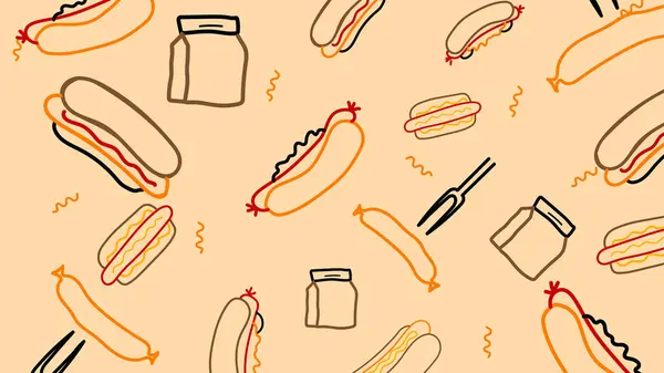 Sosisli, sosisli, kavanoz ve çatalla dolu eğlenceli bir arka plan. Mutfak, menü ve yemek temalı yaratıcı projeler için geçmişe dönük çizim sanatı.