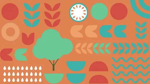 Ağaç, domates dilimi, yapraklar, tohumlar ve soyut bahçe tasarımında ürün esinlenilmiş unsurlarla portakal arkaplanı..