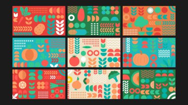 Bright vegetable themed illustration with icons like carrots, pumpkins, broccoli, and peas on colorful blocks. Great for healthy eating and organic branding.