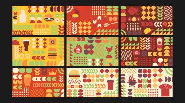 Izgara ikonları, spatulalar, şapkalar ve kalın barbekü renginde grafikler içeren kalın hamburger temalı çizimler. Menüler ve markalaşma için mükemmel..