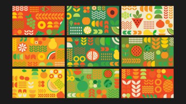 Yeşil, turuncu ve kırmızı tonlarda eğlenceli ikonlar ve organik şekillerle neşeli meyve esinlenilmiş tasarım. Yiyecek ve doğa temaları için eğlenceli ve modern görsel.