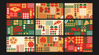 Playful pizza-themed illustration with slices, ovens, scooters, herbs, and toppings. A fun food design ideal for pizzerias, packaging, and marketing.