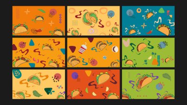 Meksika yemek markası ya da restoran dekorasyonu için ideal tako, cips, biber ve renkli grafik elementlerden oluşan şenlikli bir koleksiyon..