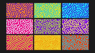 Kalın labirent benzeri soyut arka plan canlı renkler ve keskin açısal çizgiler, modern dijital tasarım ve pop-esinlenilmiş estetik için mükemmel..