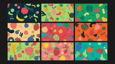 Canlı çilekler, muzlar, kirazlar ve neşeli renk paletleri üzerinde armutlar içeren düz tasarım tarzında sadeleştirilmiş meyve çizimleri.