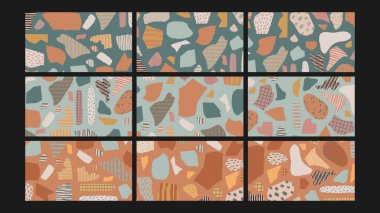 Kesilmiş terrazzo taşından şekiller, sessiz tonlarda ve tekstil dokularında eski ama zarif bir tasarım için soyut bir arka plan..