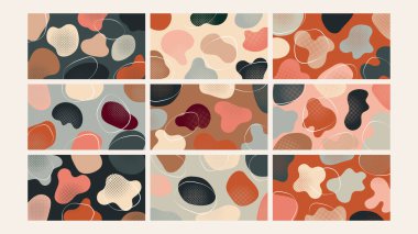 Dinamik soyut tasarım rengarenk organik şekiller, yarım ton dokular ve canlı renkler, modern ve oyuncu estetikler için mükemmel..