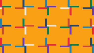 Geometrik tasarım ve çok renkli artı işaretler canlı turuncu bir arkaplanda eşit olarak düzenlenmiş. Oyuncu ve modern bir görsel kompozisyon.