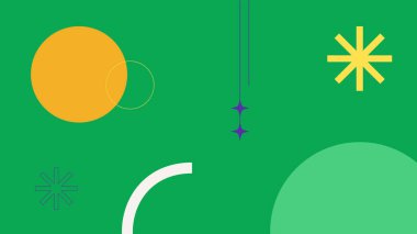 Çapkın geometrik aksanları ve kalın daire biçimleriyle zengin yeşil taban, modern markalaşma ve editoryal kullanım için ideal