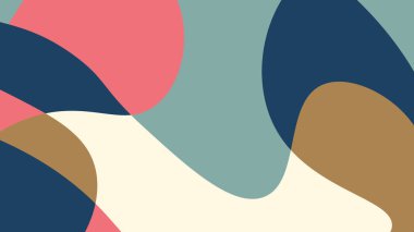 Üst üste binen mavi, krema, mercan ve zeytin yeşili şekilli organik soyut tasarım dengeyi ve görsel yumuşaklığı çağrıştırıyor..