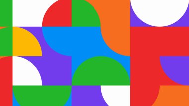 Soyut yarı dairelerin dijital bileşimi ve kırmızı, mavi, mor, turuncu ve yeşil renkli kontrastlı kalın bloklar..