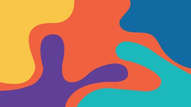 Kalın organik damlalar ve turuncu, turkuaz, mor ve mavi renkli kıvrımlı şekillerle parlak kırmızı bir alan üzerinde canlı bir tasarım..