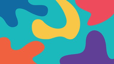 Türkuaz, sarı, mavi ve kırmızı tonlarında akışkan organik damlalar içeren soyut bir düzen. Modern ve enerjik..