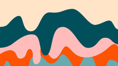 Kırmızı ve sarı kıvrımlı yeşil ve pembe katmanlar üzerinde dalgalanır. Cesur sanatsal görseller için renkli damlatma tasarımı.